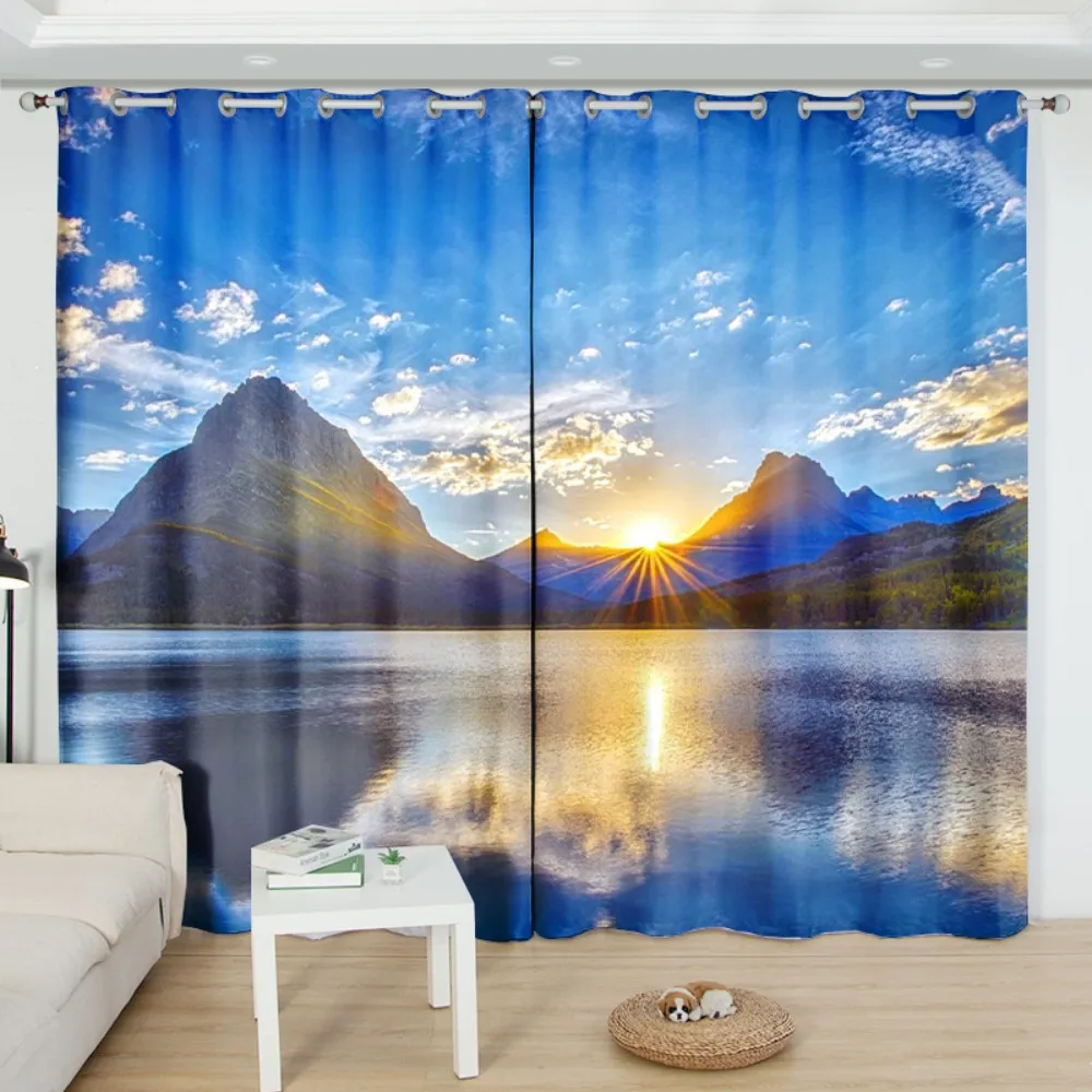 2Panel Tourist Landscape Curtains Green Tree Blue Sea Printed Curtains Custom Bedroom Living Room Semi-blackout Window Cortinas