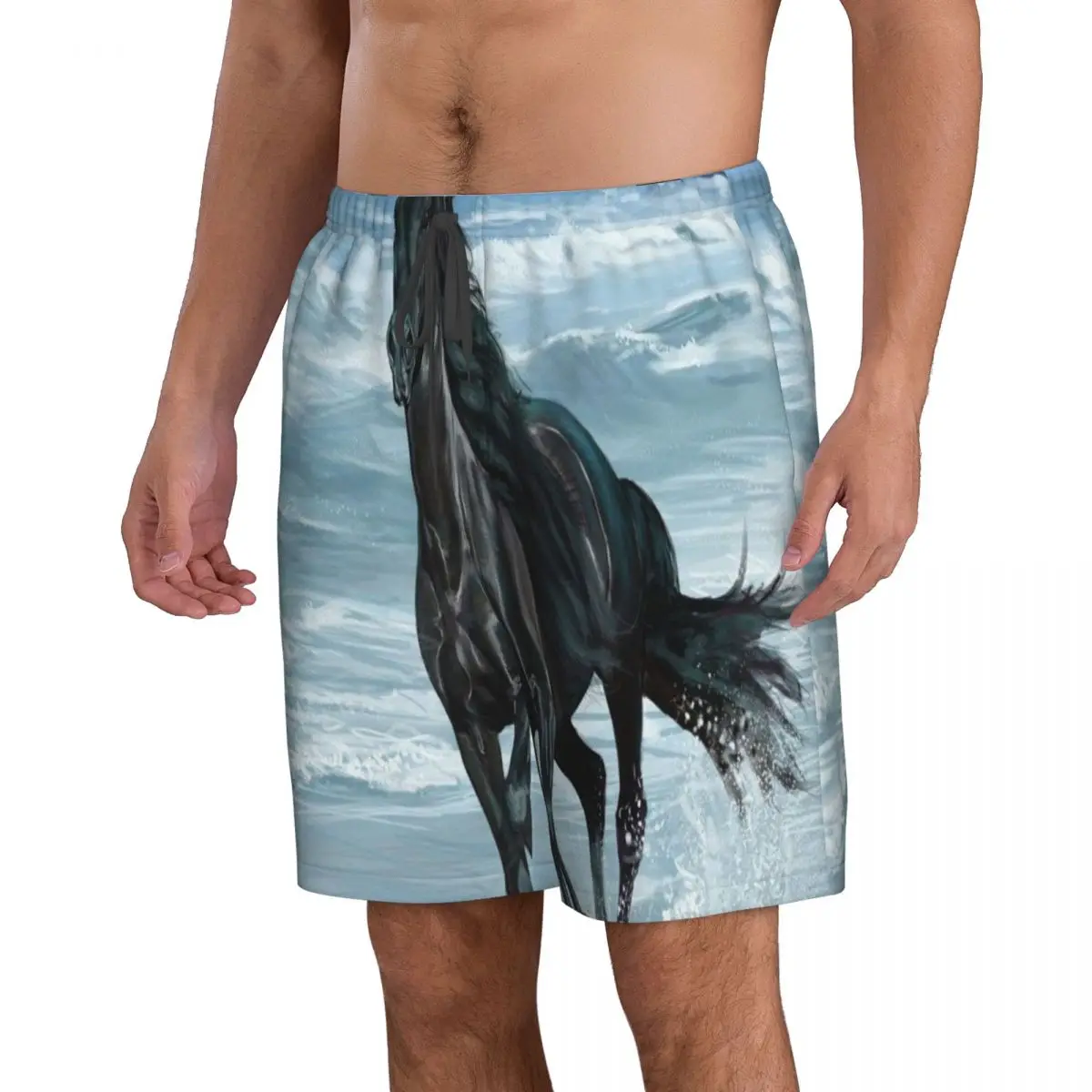 Mens Swimwear Swim Short Trunk Black Horse Running On Beach Beach Board Shorts Swimming Surffing shorts