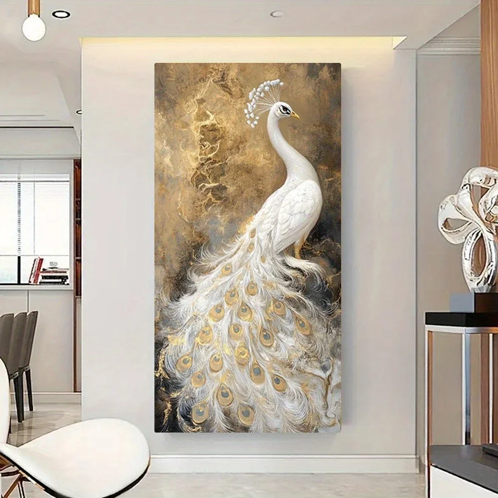 Frameless Canvas Painting2D/Flat Large Modern White Peacock Canvas Wall Art - Frameless Vertical Bird Canvas Painting For Elegan