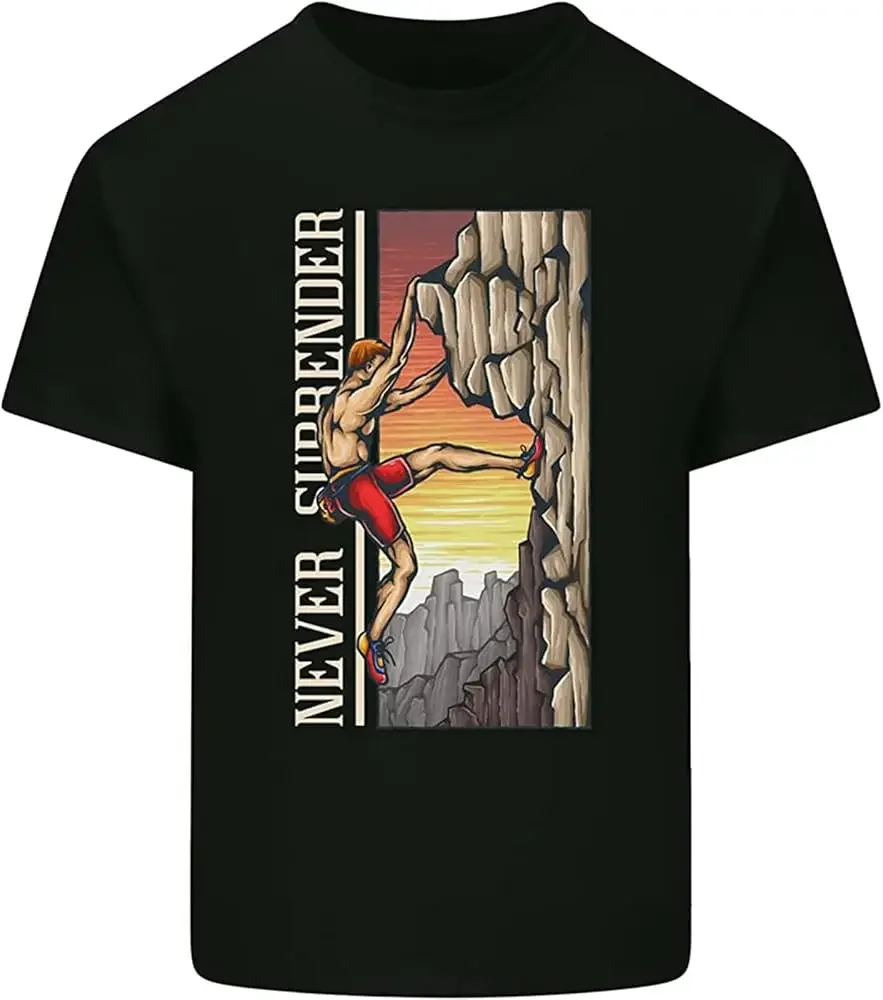 Never Surrender Rock Climbing Climber Mens Cotton T-Shirt Tee T-shirt Black