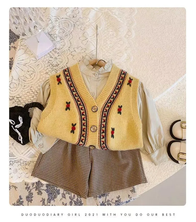 UNITIM 2026 Herbst Kinder Mädchen Strickweste V-Ausschnitt Stickerei Weste für Kinder Mädchen 2-8 Jahre Baby Mädchen Ärmelloser Pullover – Detail 5