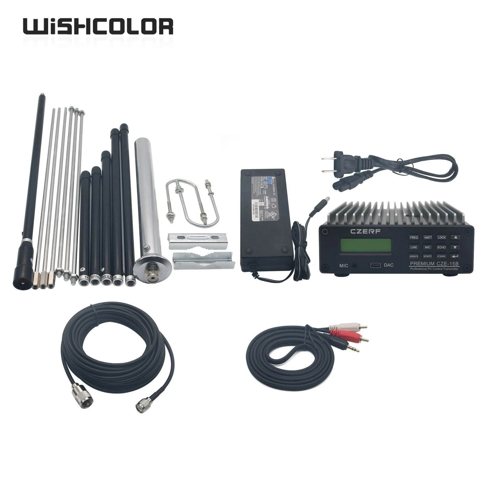 Wishcolor CZE-15B 0.3-15W Adjustable Stereo FM Transmitter PC Control Wireless Radio + Power Adapter + Antenna