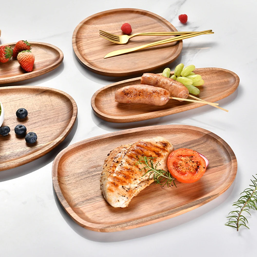 1pc Solid Wood Food Tray Oval Dessert Plate Wooden Snack Fruit Tea Saucer Pallet Bread Board For Dishes Snack Fruit Dessert