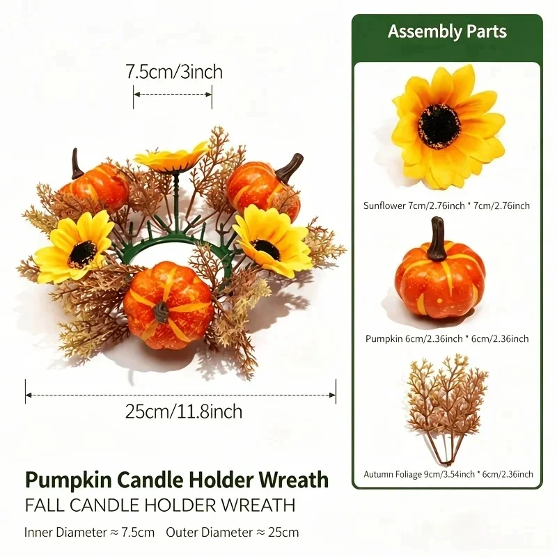 Orange Pumpkin Sunflower Candle Ring, American Country Style Thanksgiving Halloween Table Decoration, Candle Holder, Fireplace