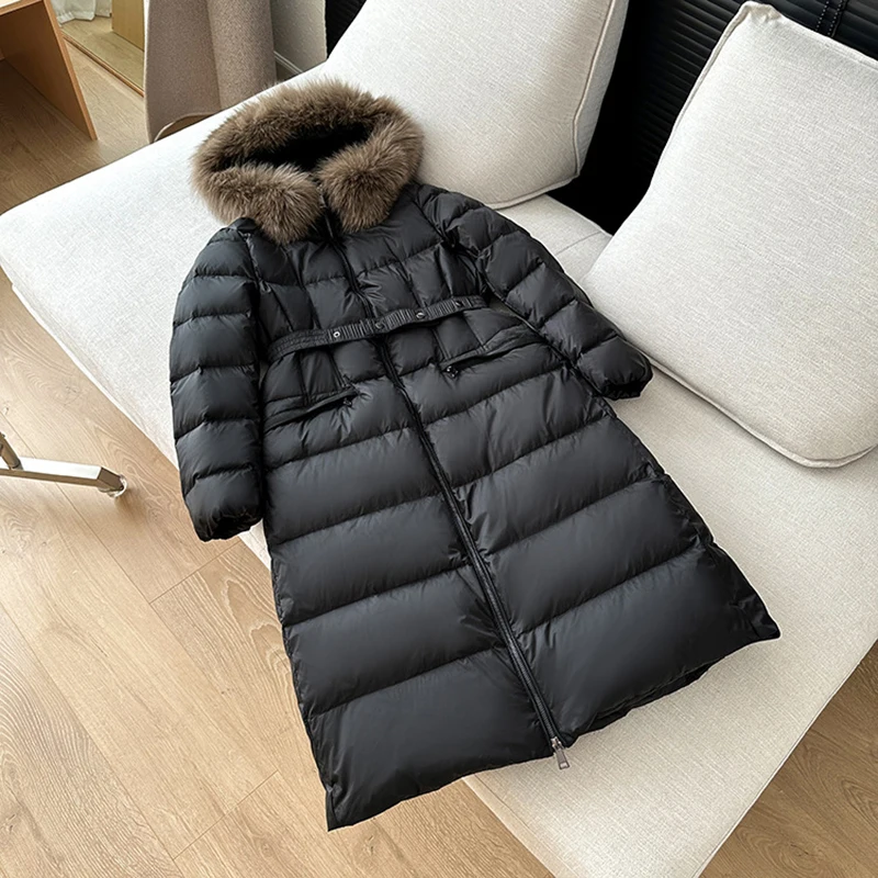 2024 Winter Big Fox Fur Collar Women Long White Duck Down Coats Fashion Slim Waist Thick Female Warm Hooded Down Jacket Clothes