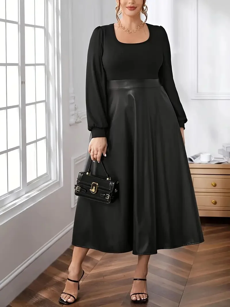 GIBSIE Plus Size Black Scoop Neck Leather Dress Women 2024 Autumn And Winter Lantern Sleeve Office Ladies Vintage Long Dresses