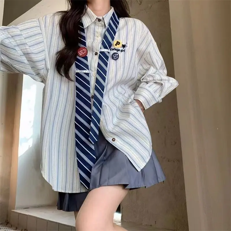 

Весенняя ретро американская полосатая рубашка с галстуком женская плюс размер MM модная корейская версия повседневная свободная женская рубашка в студенческом стиле