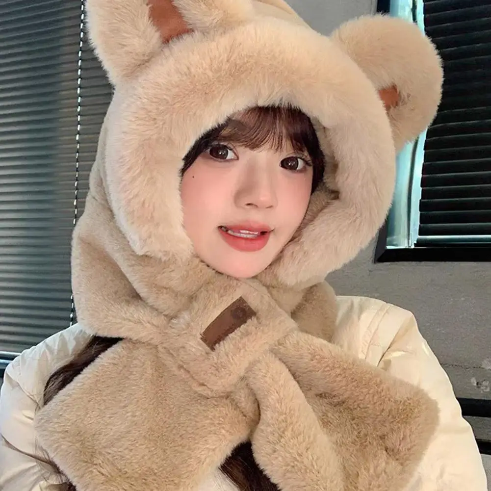 Cozy Little Bear Scarf Hat Women's Winter One-Piece Hooded Mask Plush Hat With Lamb Hair Trim Bear Hat Scarf 1pcs