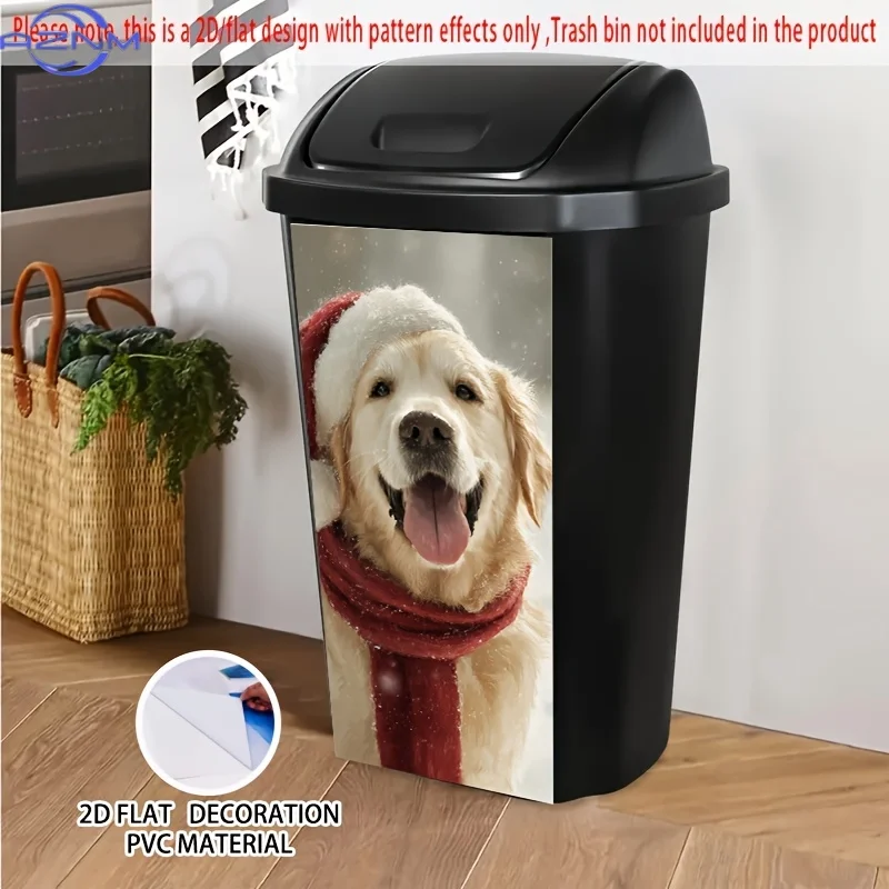 of 2D/Flat Self-Adhesive Stickers Featuring a Golden Retriever in a Santa Hat And Scarf Against a Snowy Backdrop, Measuring 14