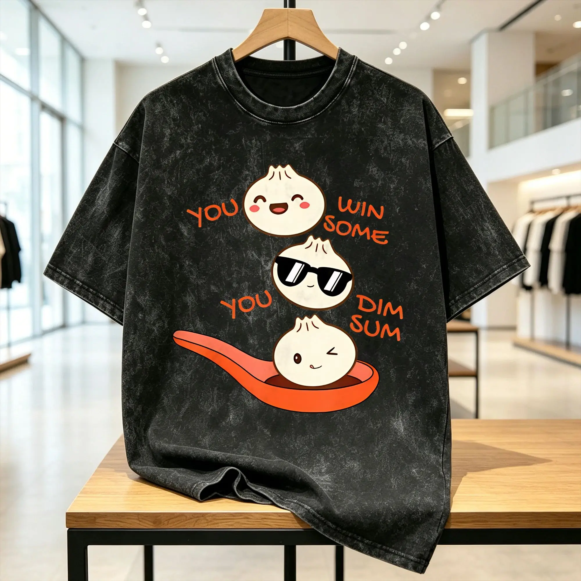 Chinese Xiao Dumpling Food  Men T Shirts Washed YOU WIN SOME Short Sleeve Round Collar T-Shirt 100% Cotton Plus Size Clothes