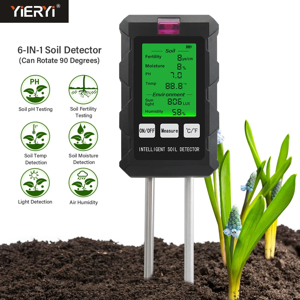 

Yieryi Digital Soil Tester PH/Fertility/Moisture/Sunlight/Air Humidity/Temp 6 in 1 Soil PH Meter for Gardening Plant Agriculture