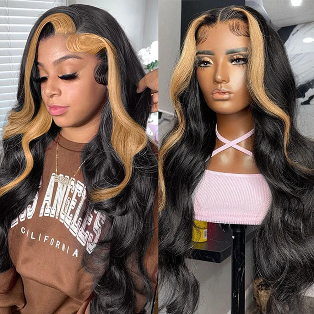 Highlights Body Wave Lace Front Wigs Glueless Wig P27 Black Mixed Ombre Blonde/Green Skunk Stripe Lace Frontal Wig Cosplay Wigs