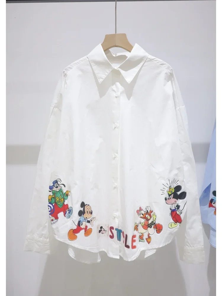 Exquisite Cartoon Print Long-sleeved Shirt 2024 Early Autumn New Loose Versatile Cotton Oversized Womens Tops and Blouses