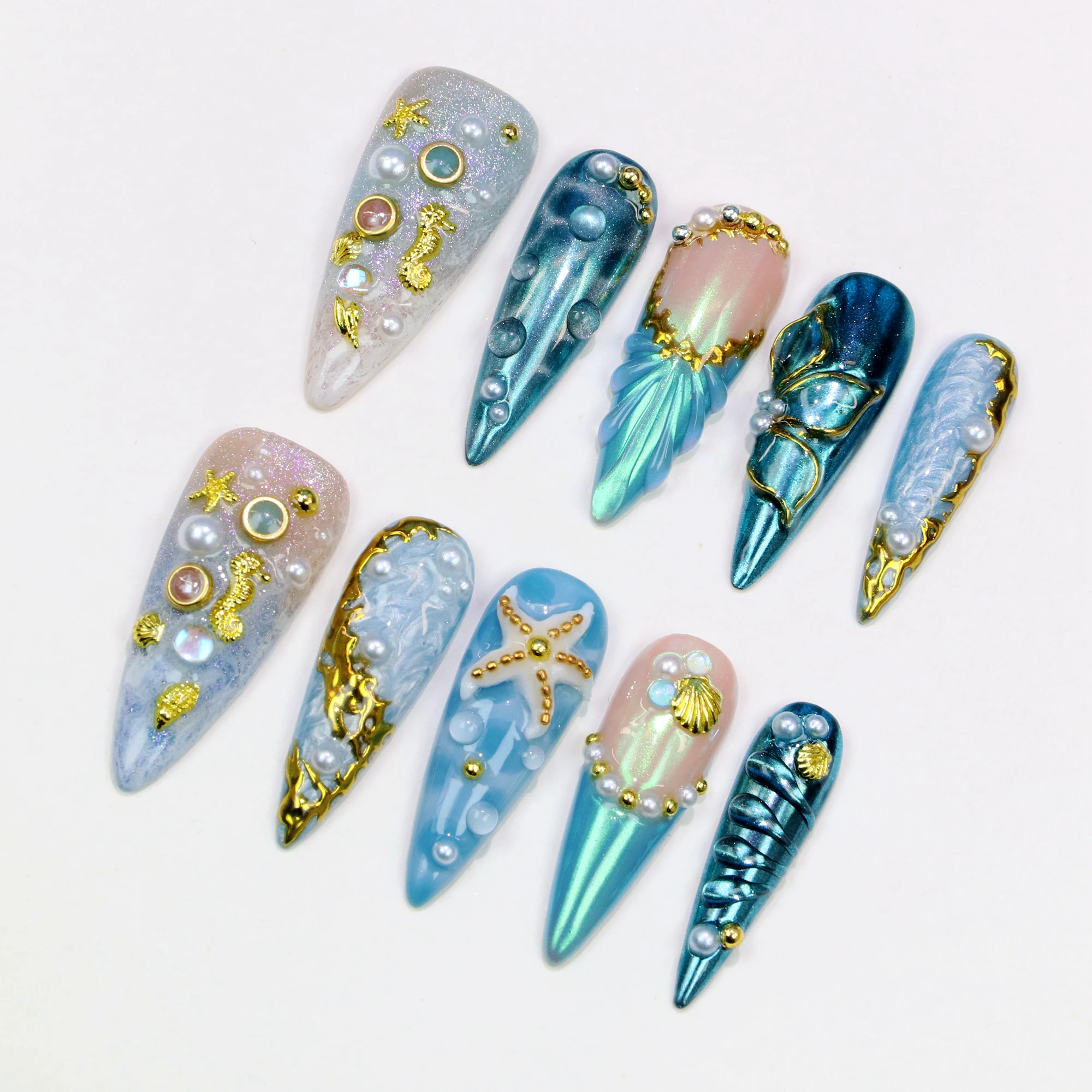 10 قطعة ثلاثية الأبعاد موضوع المحيط الطبيعي طويل خنجر اضغط على الأظافر ، الصيف مع نجم البحر زهرة الشاطئ محارة مخصصة اليدوية وهمية مسمار الفن