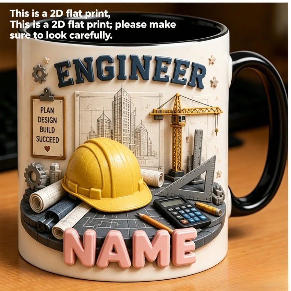 Creatieve keramische koffiemok met een technisch thema, platte 2D-print met een constructiepatroon van een veiligheidshelm, gepersonaliseerde mok met naam als cadeau.