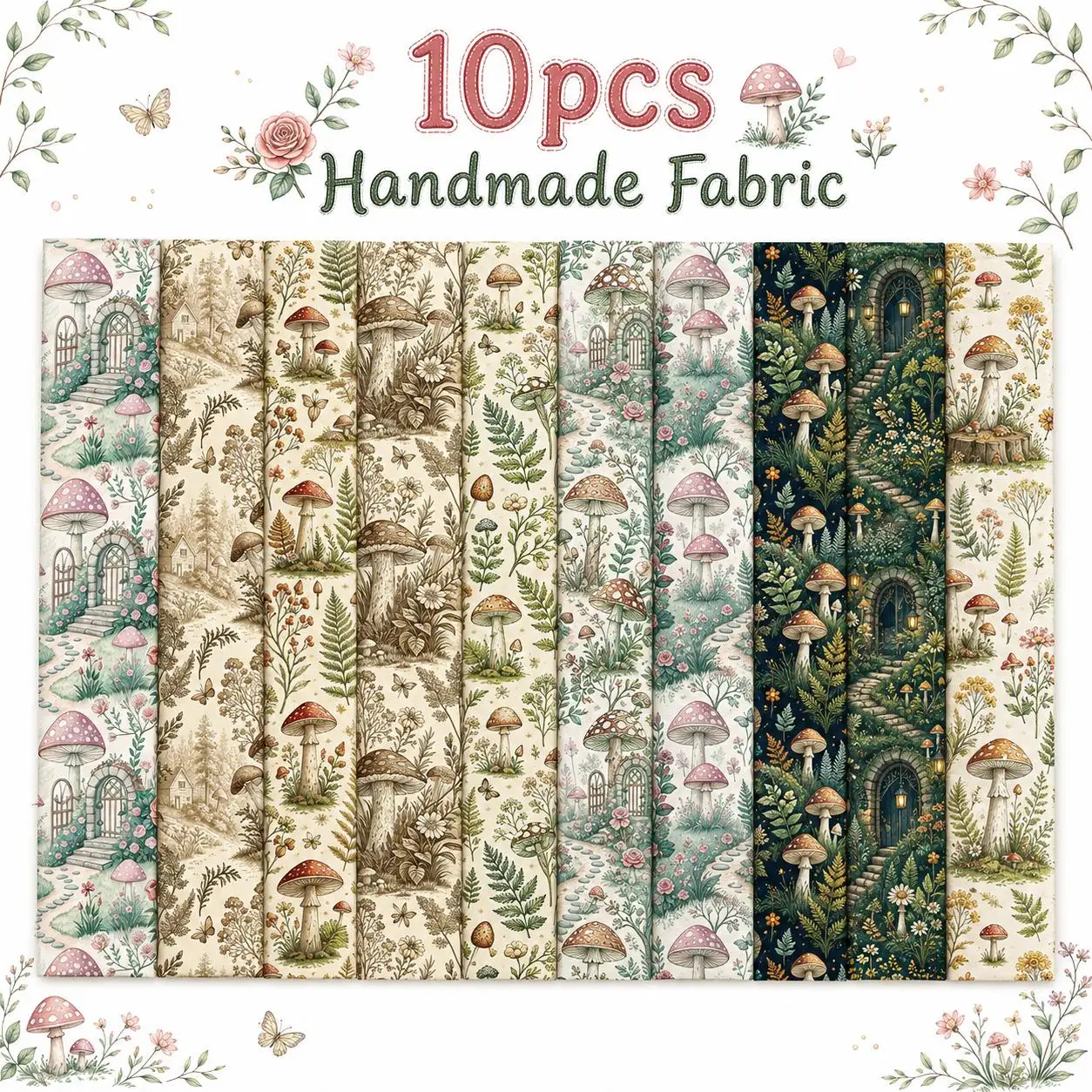 10pcs Mushroom Pattern Jelly Roll Fabric Strips 2.5X19.7inch Pre-Cut Polyester For Patchwork Quilts Table Runners Placemats