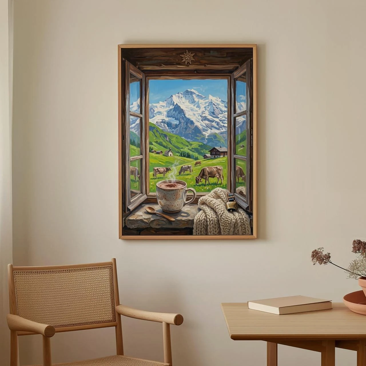 Alpine Mountain View Poster, Open Window Wall Art, Cozy Coffee Scene, Rustic Home Living Room Decor, No Frame