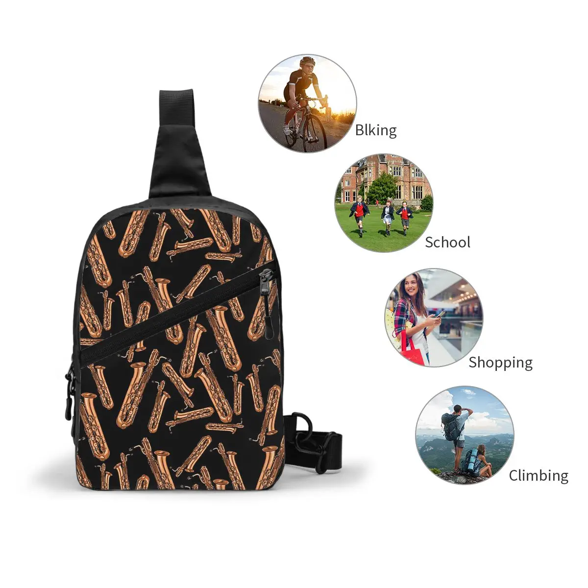 Bolso de pecho negro con patrón de saxofón barítono, mochila cruzada para hombre, bolso de pecho, mochila de viaje para senderismo, bolso de hombro