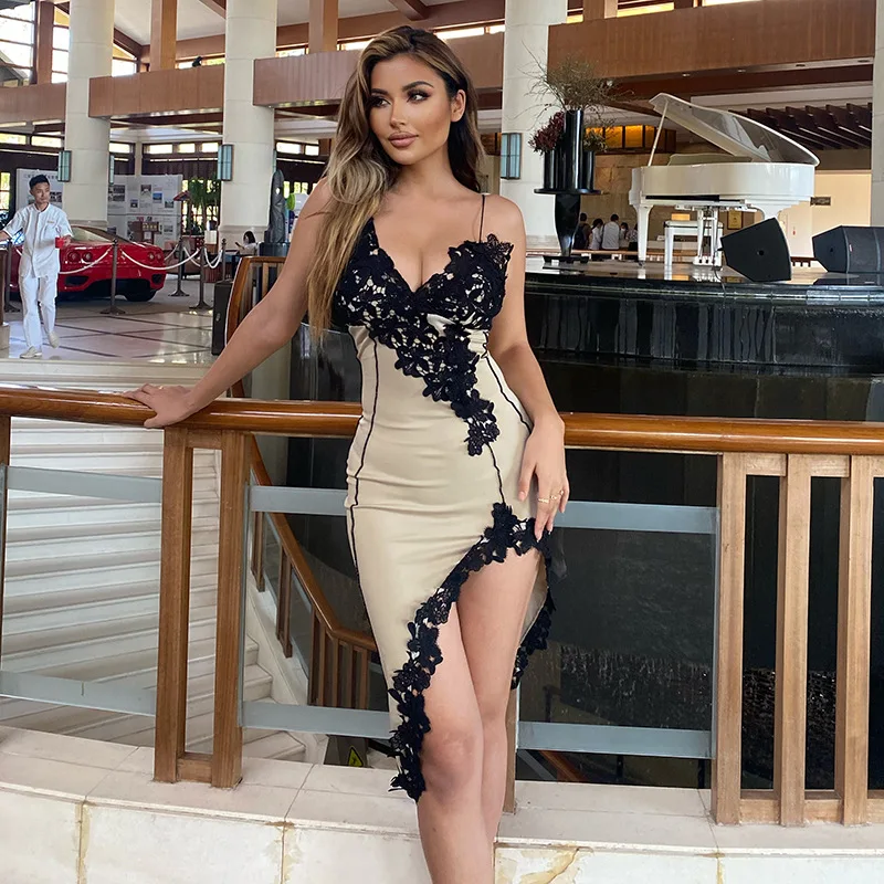 Sexy Deep V Applique Suspender Dress Women Slim Backless Split Party Mini Vestidos Summer Sleeveless Party Night Club Dresses image 5