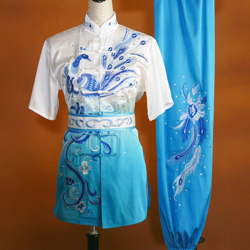 Blue White Embroidered Phoenix Wushu Uniform Men Women Kung Fu Suit Changquan Nanquan Kids Youth Adult Pro Competition Custom