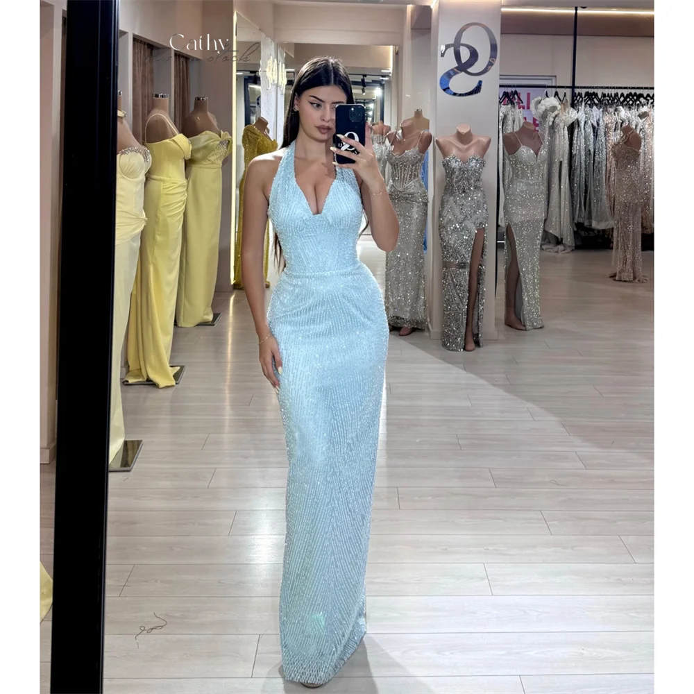 

Cathy Customized Sky Blue Sheath Beads Halter Neck Prom Dresses Sleeveless Pleats vestidos de noiva Sweep Train Formal Evening