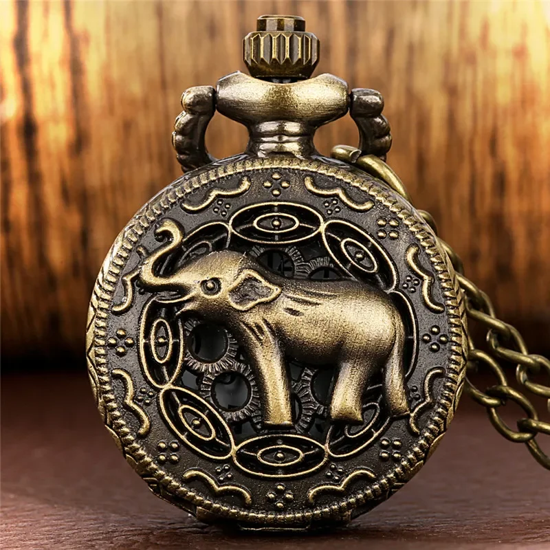 Steampunk Lovely Elephant Design Unisex Quartz Analog Pocket Watch Necklace Pendant Chain Half Hunter Clock Arabic Numeral Gift