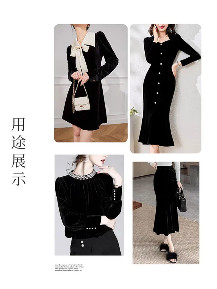 Spring, Autumn and Winter Black Fleece Three-Dimensional Velvet Fabric Elastic Soft Dress Cheongsam Gold