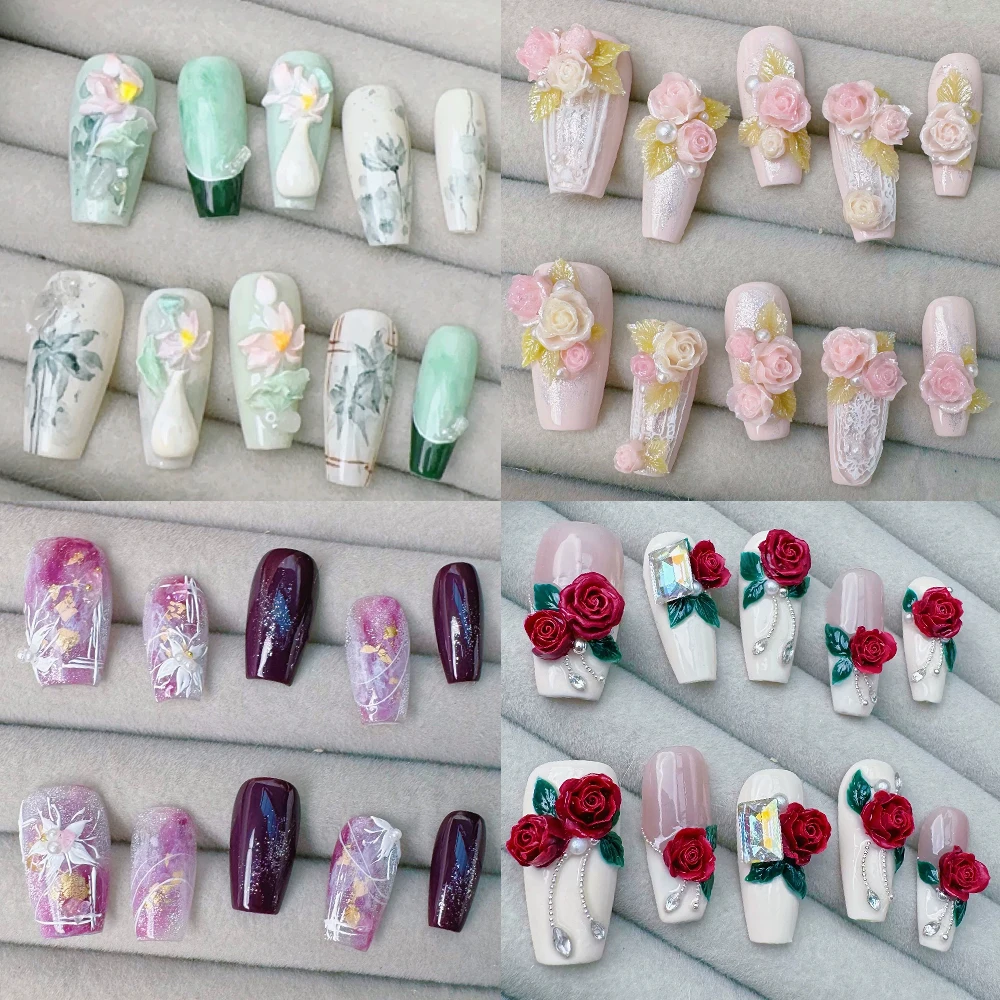 

10Pcs Handmade 3D Rose Wearable False Nails Tips Rhinestone Freehand Painting Butterfly Acrylic Ballet Shape Press On Nails