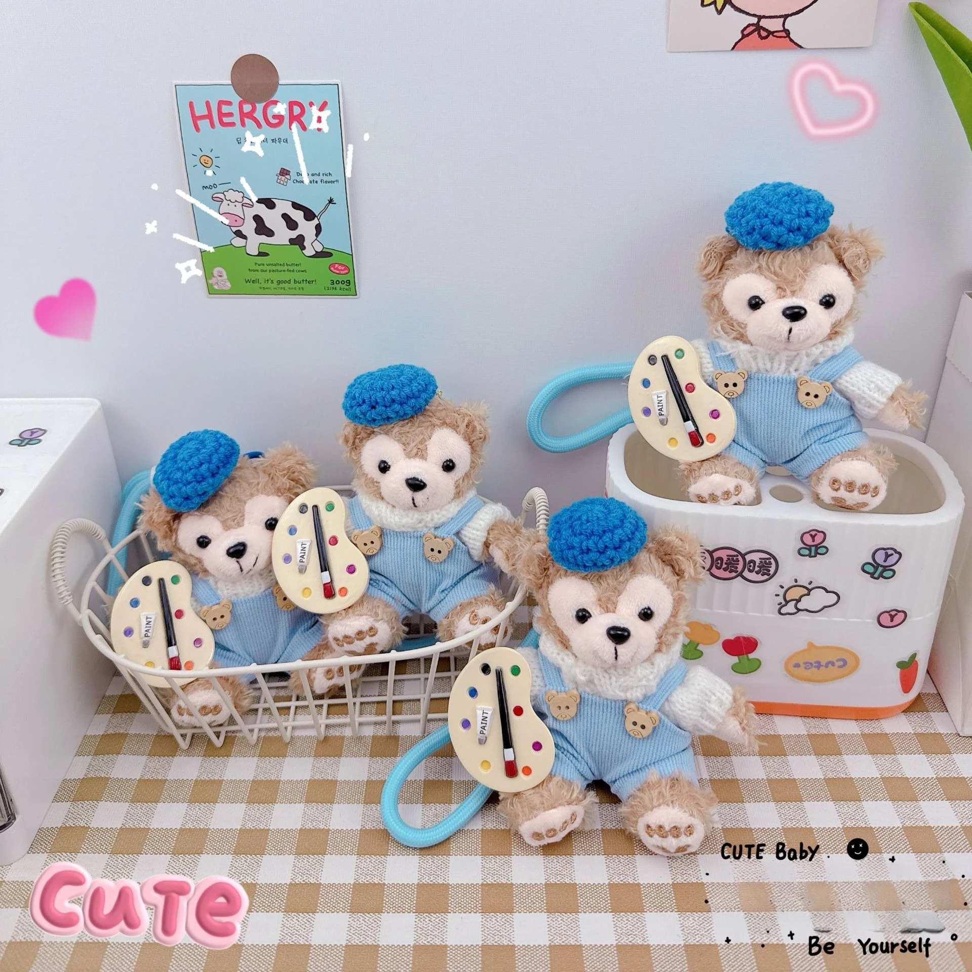 Miniso 画家ダッフィーシオングシャオ車のキーホルダーペンダントクリエイティブぬいぐるみシャーリーメイダッフィーシオング通学小さな吊り飾り