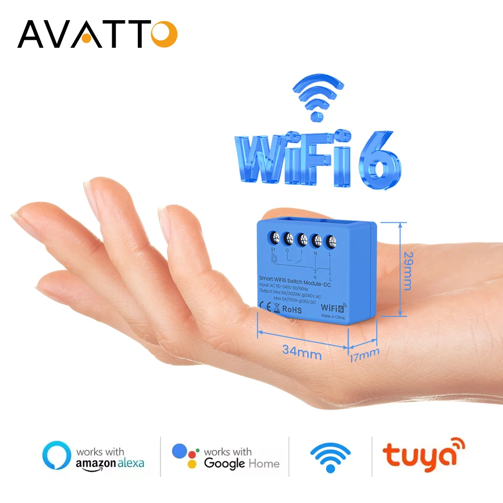 AVATTO Tuya WiFi 6 スマートドライコンタクトスイッチモジュール AC 100-240V ユニバーサルDIYブレーカーリレー Alexa、Google Home、Alice対応