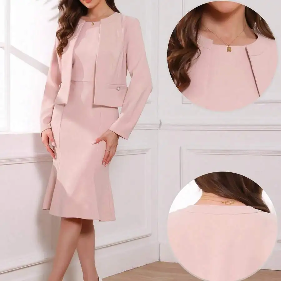 

Women Elegant Two Piece Set: Sleeveless Dress With Crop Blazer