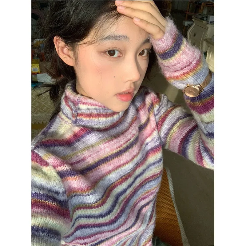 French Contrasting Rainbow High Neck Striped Sweater with Women's Autumn Design Sense Pullover and Spicy Girl Knitted Top