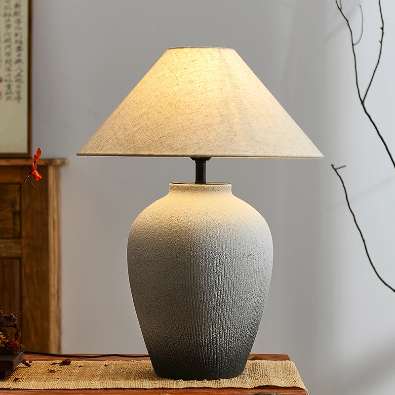 Japanese-style bed and breakfast bedroom bedside table lamp, Chinese-style Zen clay pot wabi sandy wind ornament