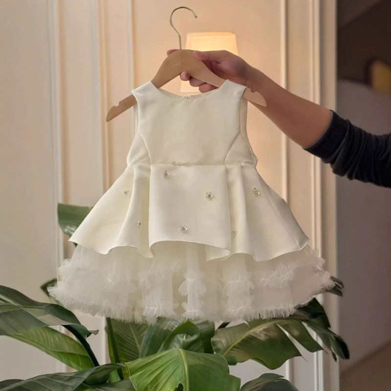 

Новое праздничное платье для девочек на первый день рождения 2026 года, однотонное, с цветочным узором, для маленьких принцесс, нарядное платье-футляр, Vestido