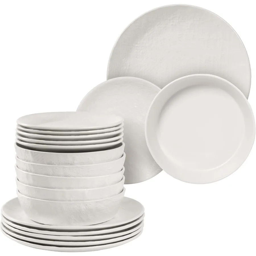 

Linen Artisan Stoneware Dinnerware Set 18 Pieces White Dinnerware with Dinner Plates Side Plates and Pasta Bowls Dishwasher and