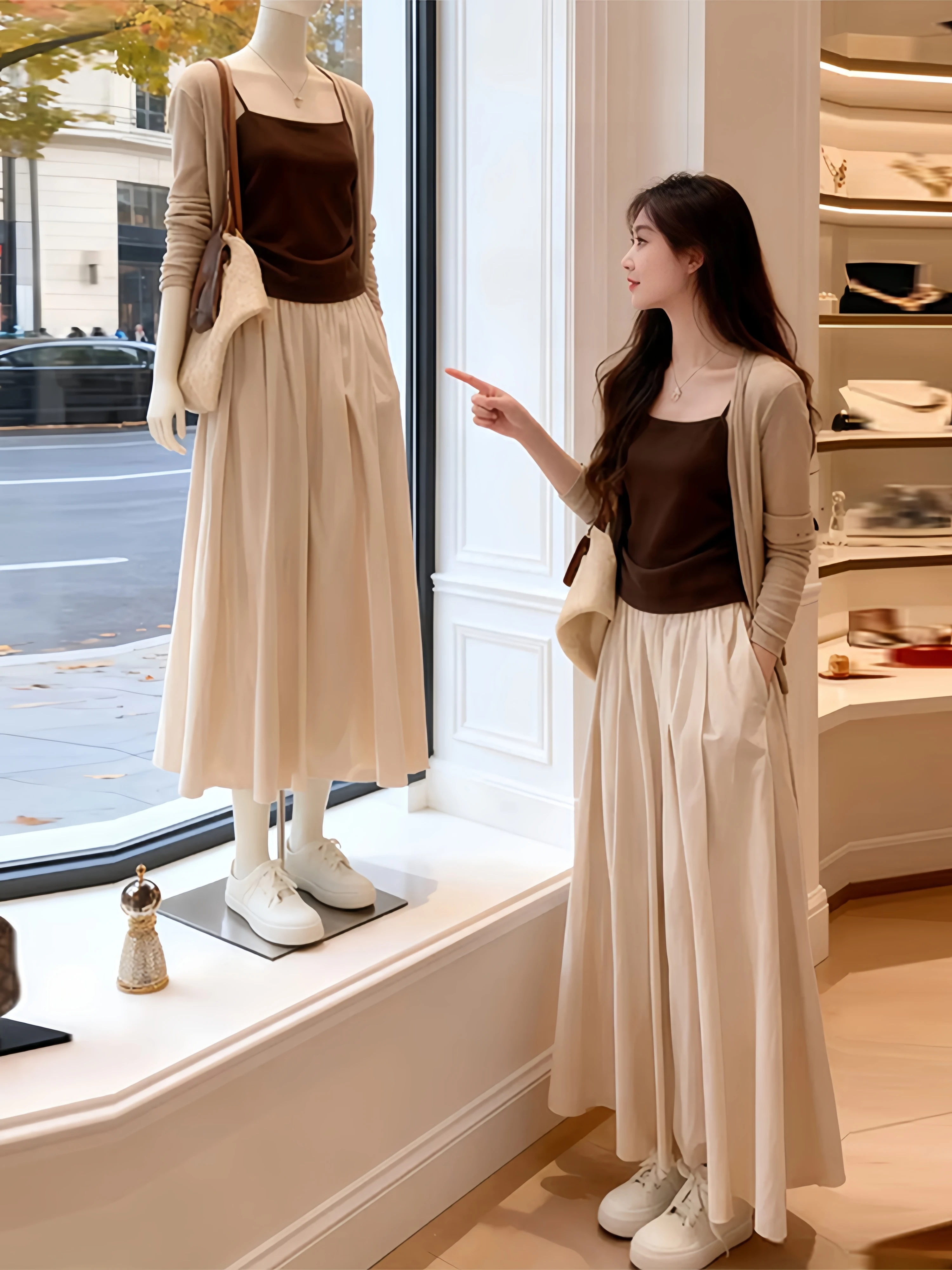 

Unique Beautiful Three-Piece Set Women's Knitted Open Cardigan Strap Vest High Waist Skirt Casual Style Autumn New Arrivals