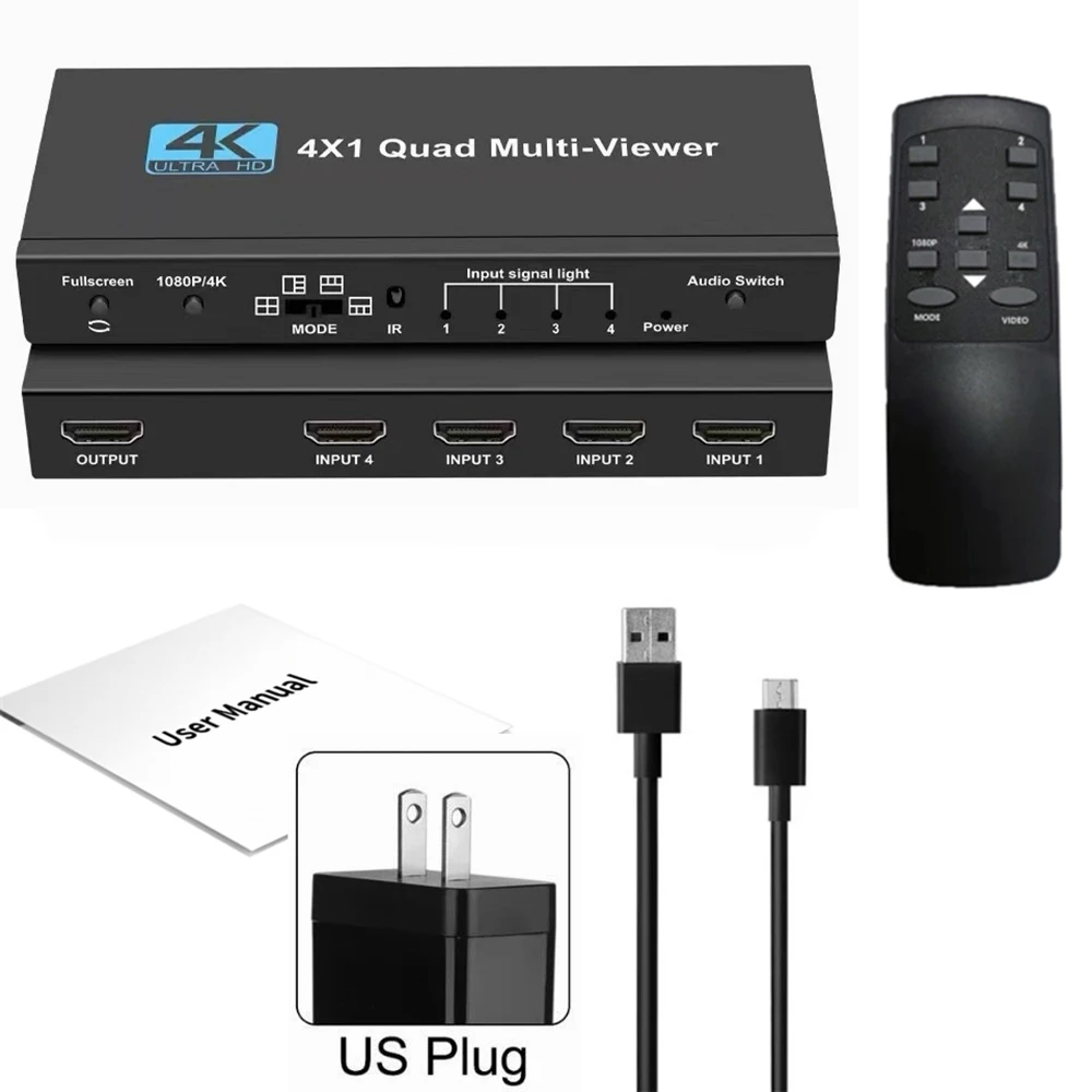 HDMI 4x1 Multi-viewer switcher 4K Seamless Quad Screen Real Time Multi Viewer Splitter 4 in 1 out HDMI Switch Adapter with IR