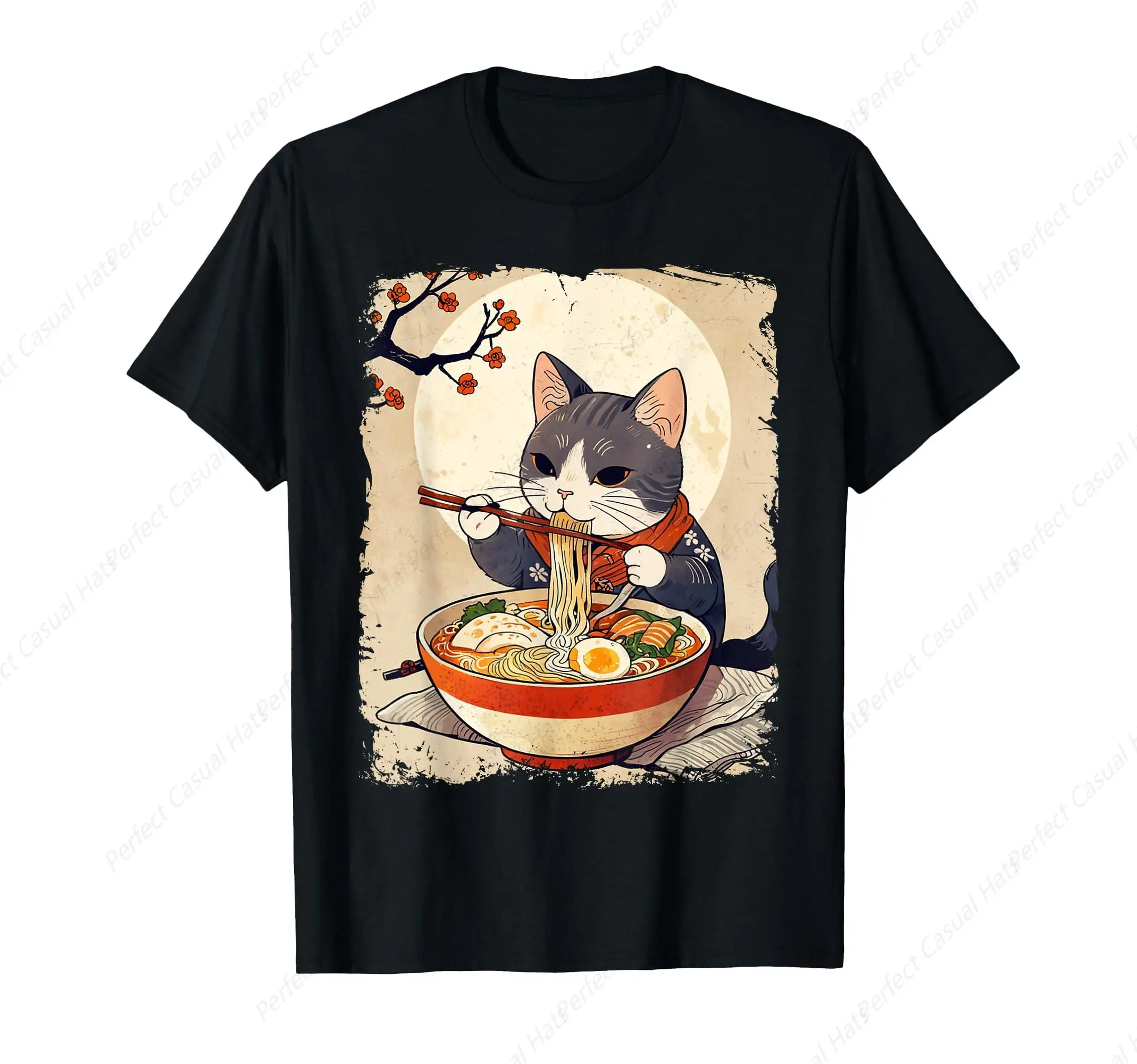 

High Quality Kawaii Cat Eating Ramen Japanese Anime Ukiyo-E Funny Graphic T-Shirt Unisex