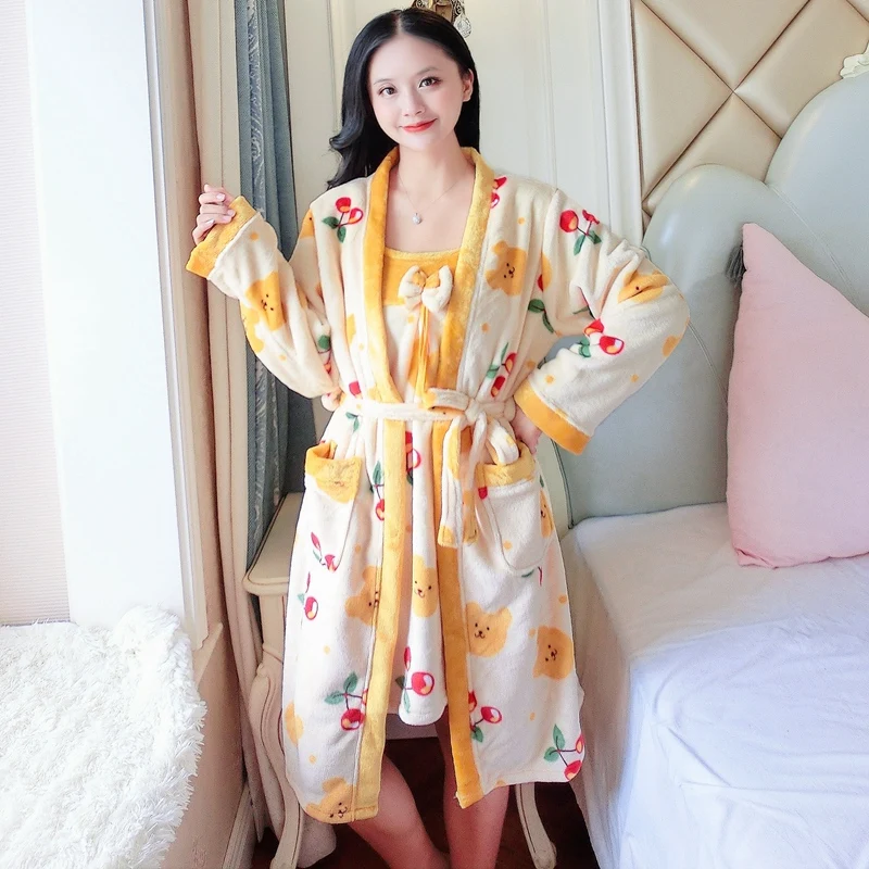 2023 Winter 2PCS Sexy Thick Warm Flannel Print Nightgowns Robes Set for Women Coral Velvet Sleepwear Bathrobe Night Dress Nighty