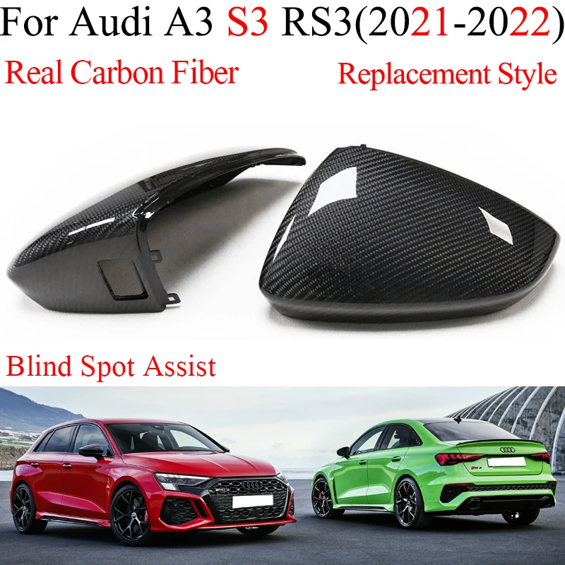 LHD For Audi A3 S3 RS3 2021-2023 Real Carbon Fiber Car Side Rearview Mirror Cover Cap Blind Spot Assist Hole Replacement Add On