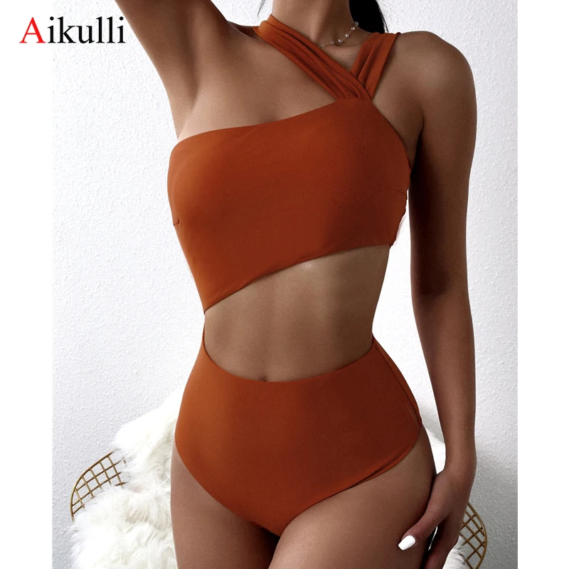 2023 Sexy One Shoulder One Piece Swimsuit Women Solid High Waist Cut Out Swimwear Woman Beachwear Monokini Bodysuit Bathing Suit