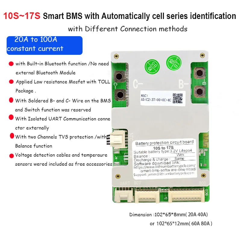 10S 11S 12S 13S 14S 15S 16S 17S Smart Bluetooth BMS with UART Communication for 36V 48V 60V Lithium ion or Lifepo4 Battery