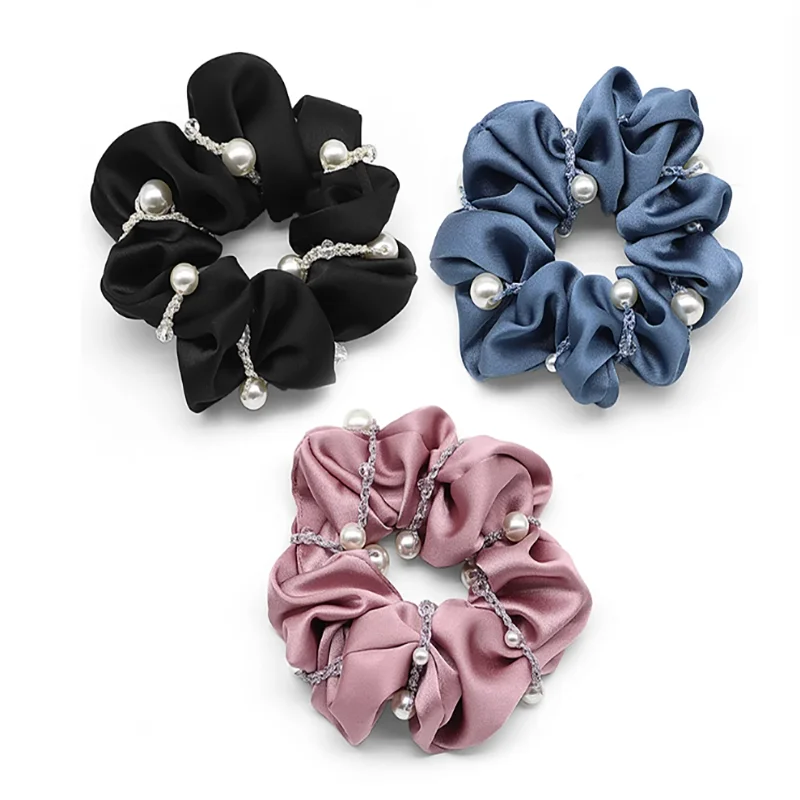 Graceful Pearl-Embellished Satin Scrunchie Hair Tie – Stylish and Versatile Hair Band for Ponytails