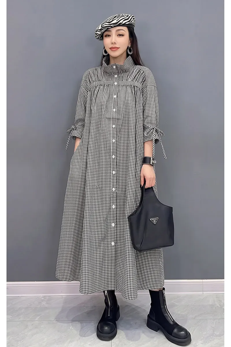2026 Autumn New Elegant Loose Vintage Plaid Dresses Women Long Sleeve Dress Wholesale J2344