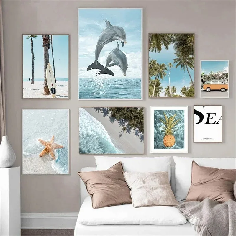 Palm Trees Beach Surfboard Car Dolphin Pineapple Wall Art Canvas Painting Posters And Prints Wall Pictures For Living Room De