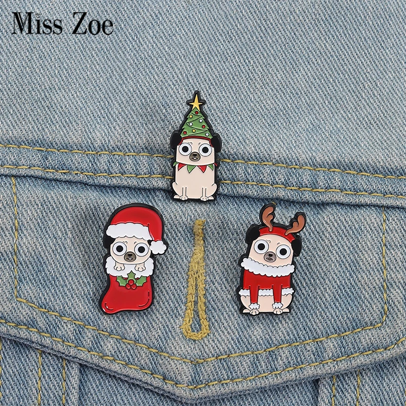 Welpe Weihnachten Dressup Emaille Pins Benutzerdefinierte Weihnachtsbaum Broschen Revers Abzeichen Kleidung Tier Schmuck Geschenk für Kinder Freunde