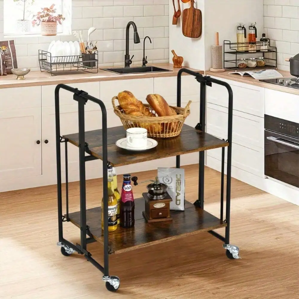2-Tier Folding Rolling Cart Kitchen Serving Island Utility Storage Organizer