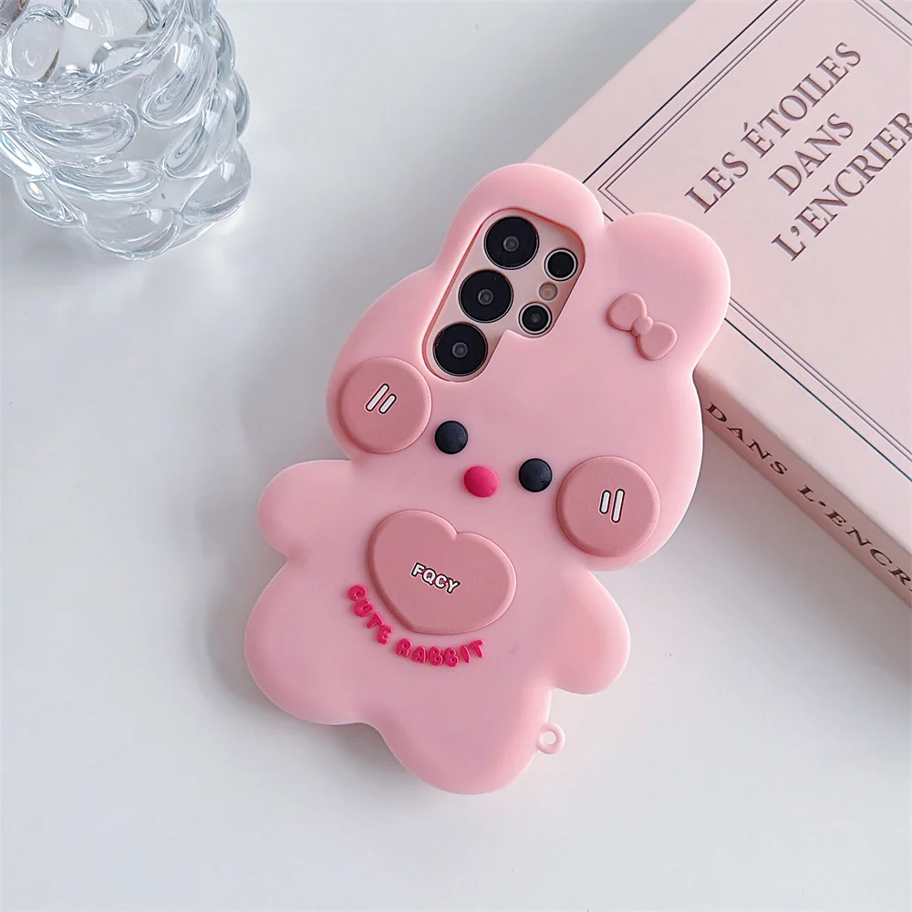 S26 Ultra Sweet Kawaii 3D Pink Bow Bunny Phone Case for SamSung Galaxy S25 S24 S23 A57 A56 Soft Silicone Rabbit Protect Cover