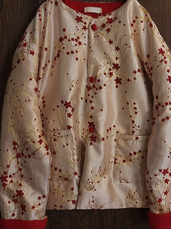 

Autumn Winter New Sle Red Single Button Silk Linen Embroidered Cotton Jaet Loose Flattering Warm Color Blo Chinese Sl...