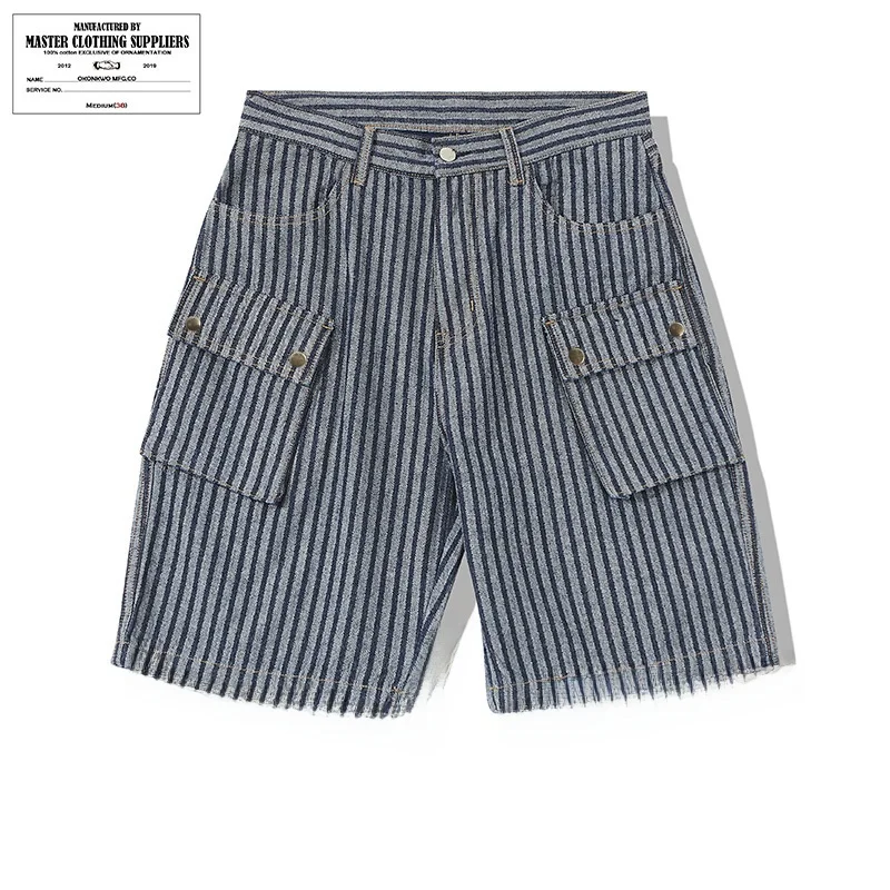 

Retro Striped Workwear orts Five-Quarter Length Straight Leg Worn-look Jeans mid Waist Zipper Fly Youth Summer Casual Pants